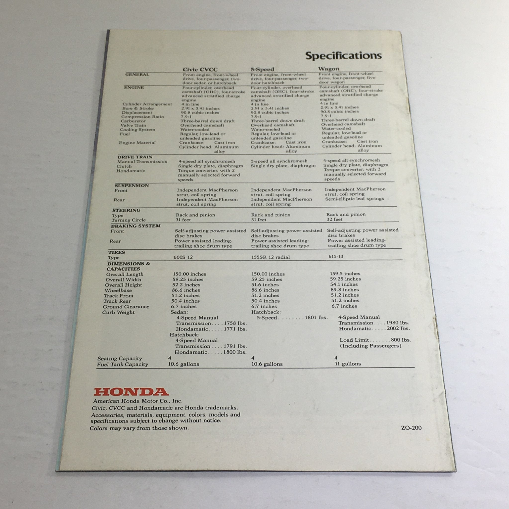 1976 Honda CVCC 5-Speed Wagon Dealership Car Auto Brochure Catalog