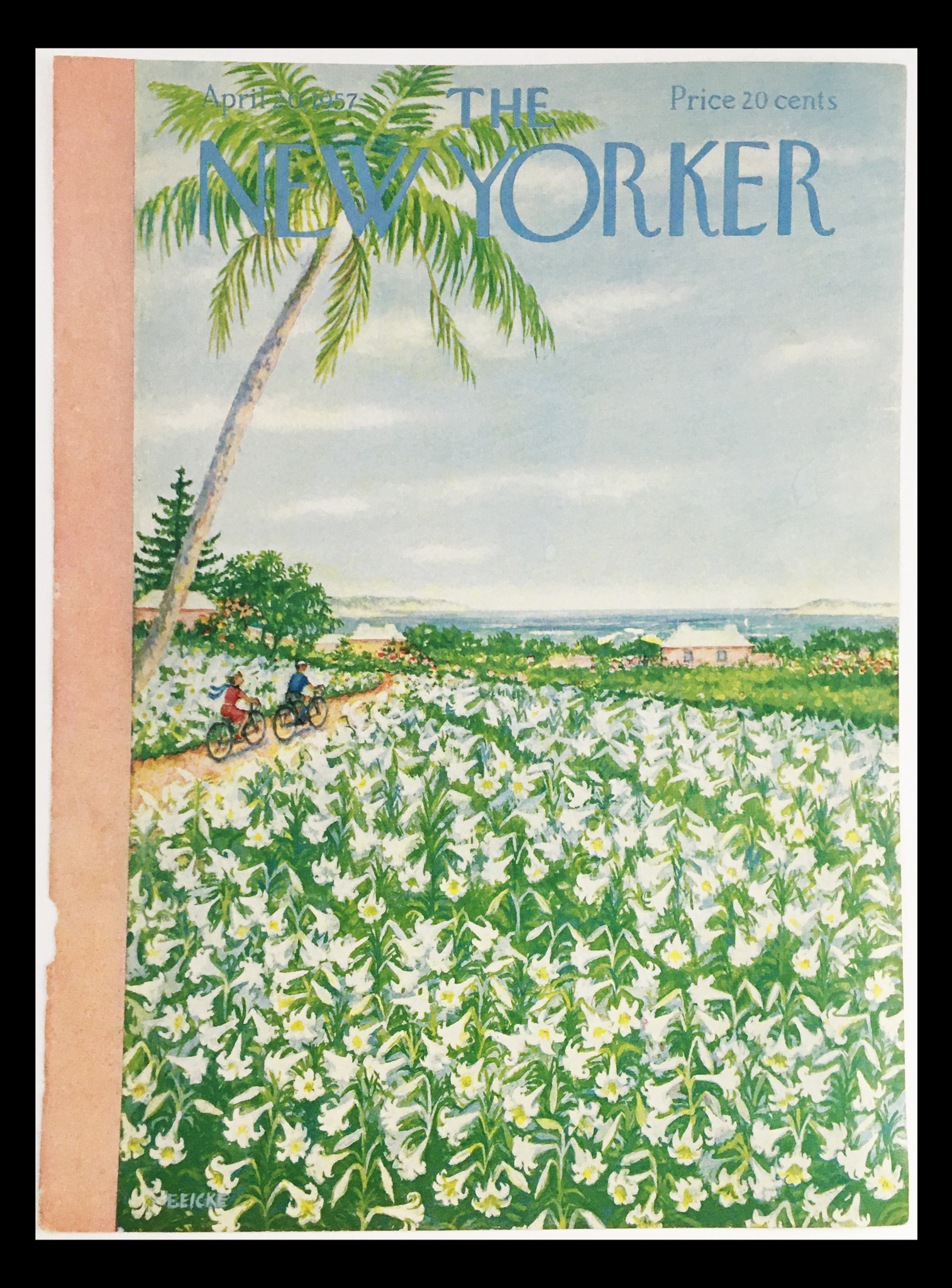 The New Yorker April 20 1955 full cover featuring a tropical landscape with palm trees, cyclists on a trail, and blooming flowers, illustrated by Edna Eicke.