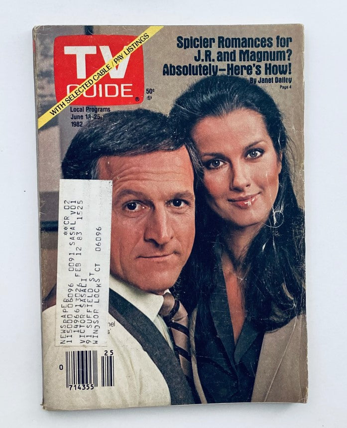 TV Guide Magazine from June 19, 1982, featuring Daniel Travanti and a woman on the cover, highlighting spicier romances for J.R. and Magnum. This collectible magazine is in pristine condition for its age.