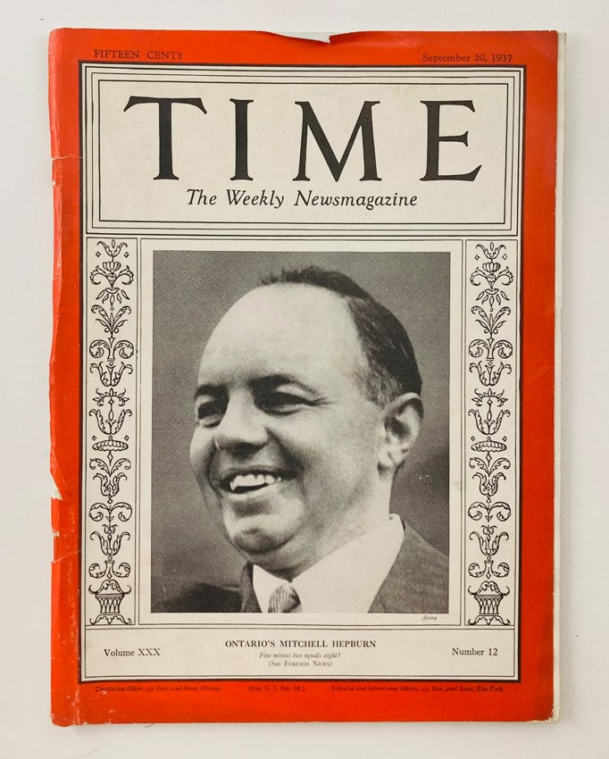 VTG Time Magazine September 20 1937 Vol 30 No. 12 Ontario's Mitchell Hepburn