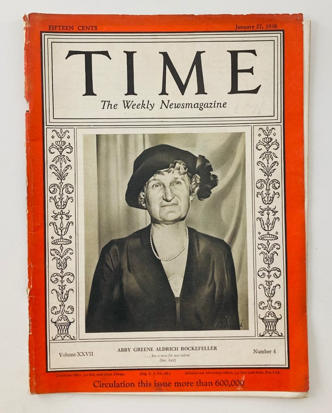 VTG Time Magazine January 27 1936 Vol 27 No. 4 Abby Greene Aldrich Rockefeller