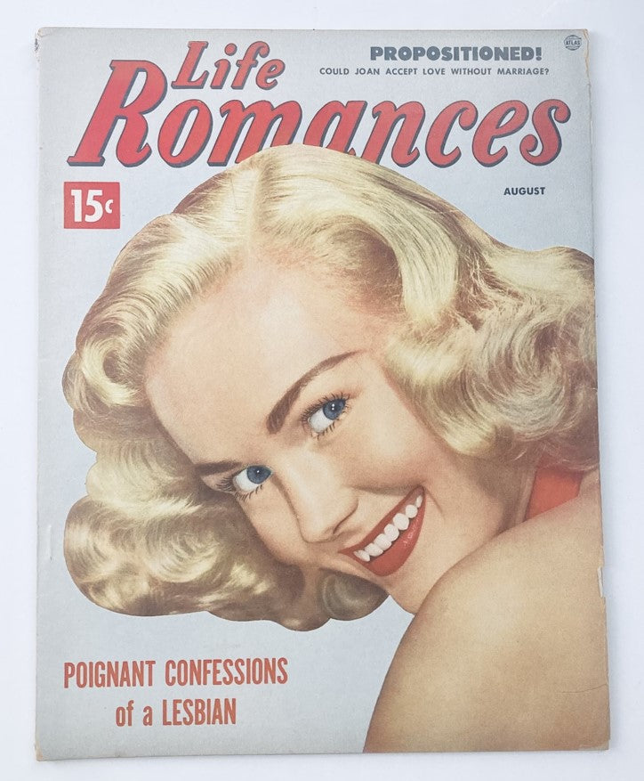 Cover of VTG Life Romances Magazine August 1953 featuring the title and tagline 'Poignant Confessions of a Lesbian', showcasing a glamorous vintage illustration with bright colors and the magazine price of 15 cents.
