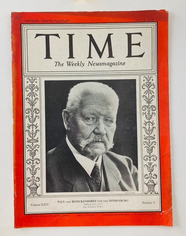 VTG Time Magazine July 16 1934 Vol 24 No. 3 Paul von Hindenburg & Violet Hilton