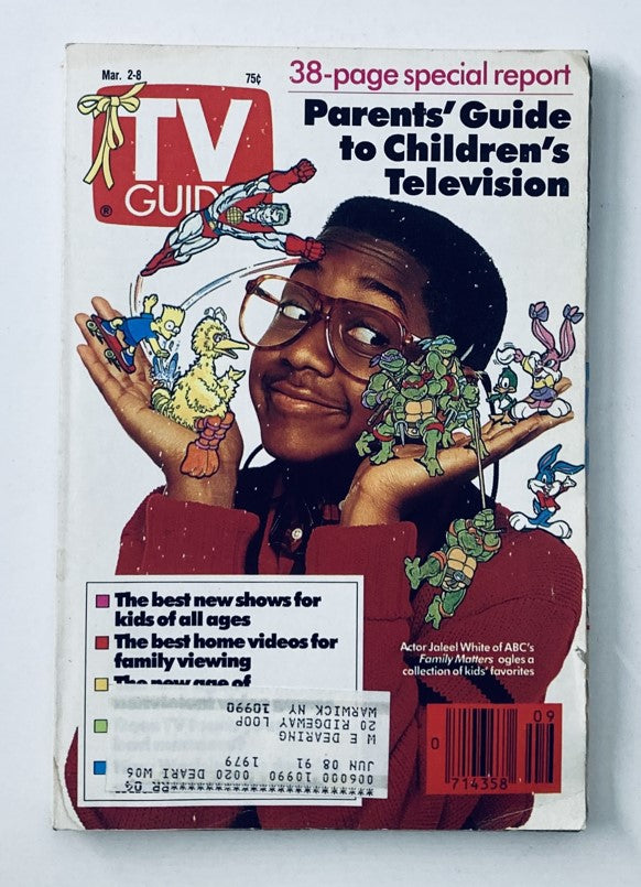 TV Guide Magazine from March 2, 1991, featuring Jaleel White, the actor known for his role as Steve Urkel in Family Matters, surrounded by colorful animated characters on the cover.