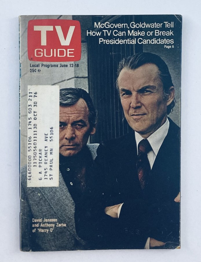 Cover of TV Guide Magazine from June 12, 1976, featuring David Janssen and Anthony Zerbe of 'Harry O'. The magazine discusses the impact of television on presidential candidates, with the price listed as 25 cents.