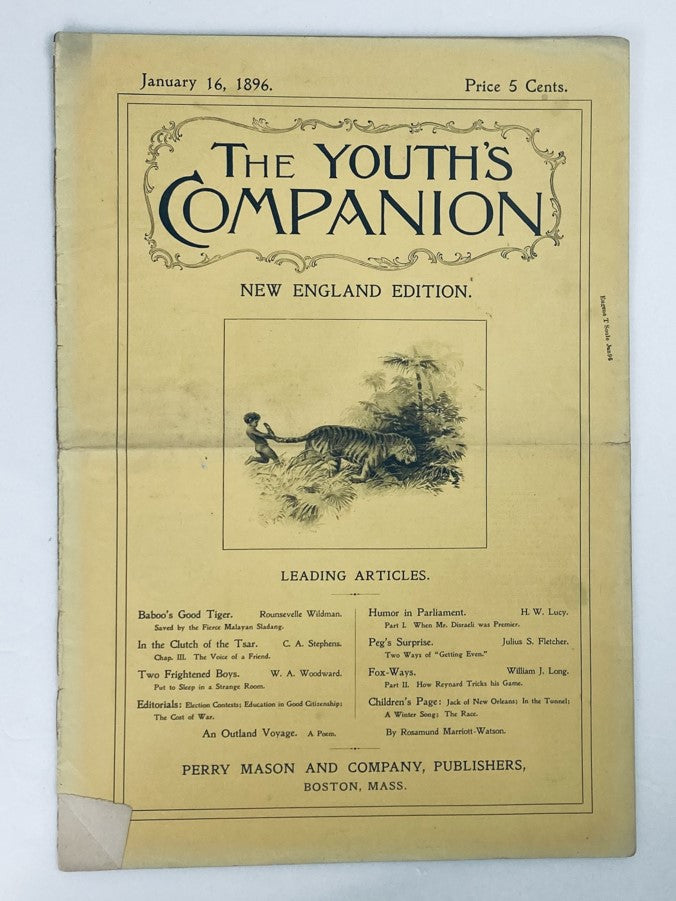 VTG The Youth's Companion Magazine January 16 1896 Baboo's Good Tiger No Label