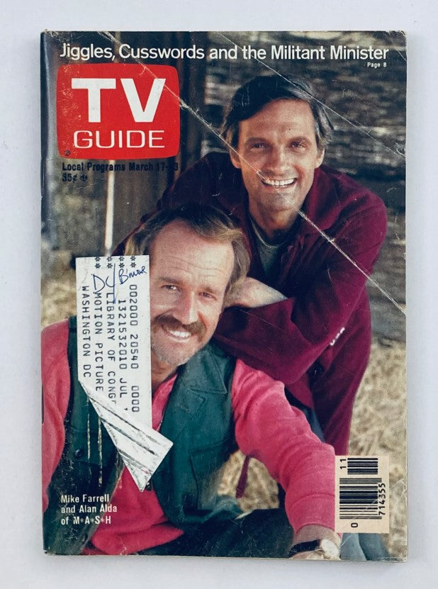 Cover of TV Guide Magazine March 17 1979 #1355 featuring Alan Alda and Mike Farrell of M*A*S*H with the title 'Jiggles, Cusswords and the Militant Minister'.