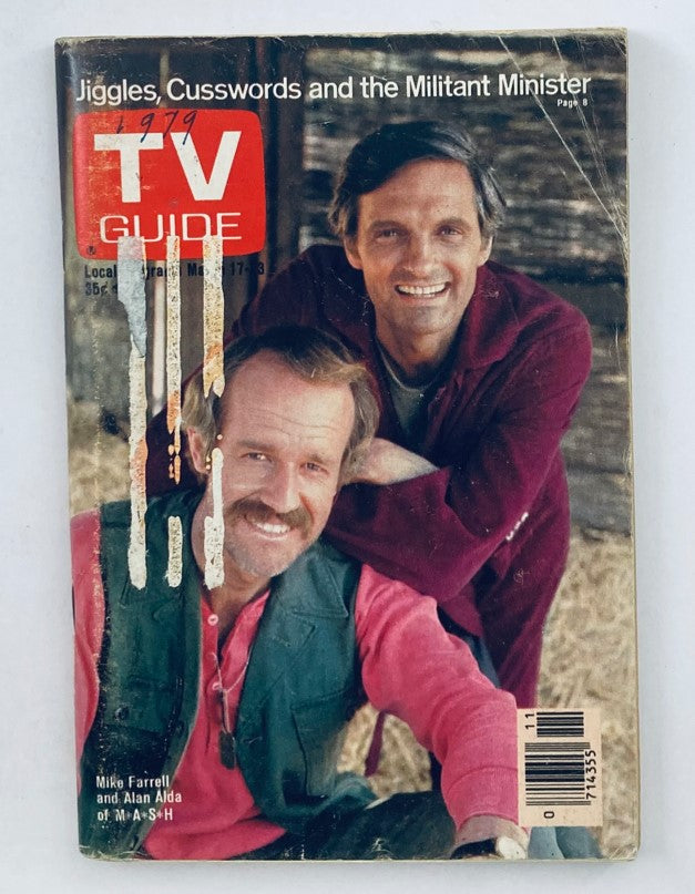 Cover of TV Guide Magazine March 17 1979, Issue #1355 featuring Mike Farrell and Alan Alda from M*A*S*H, showcasing an article titled 'Jiggles, Cusswords and the Militant Minister'.