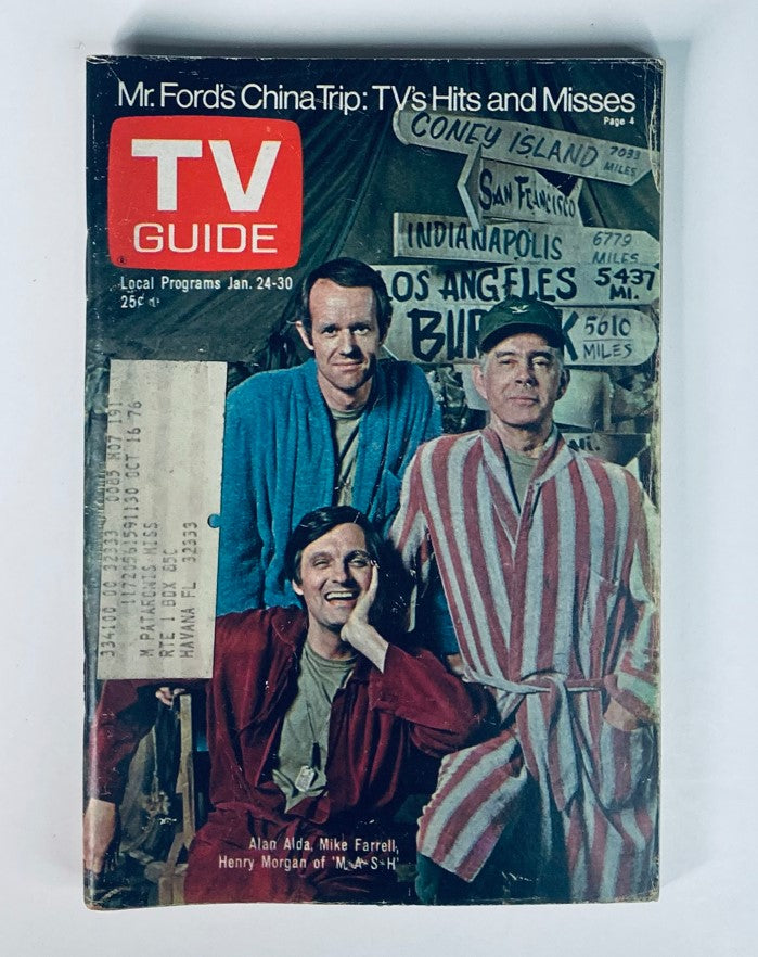 TV Guide Magazine January 24 1976 cover featuring Alan Alda, Mike Farrell, and Henry Morgan. The cover showcases a nostalgic moment from the mid-70s television era, highlighting popular shows and cultural insight.