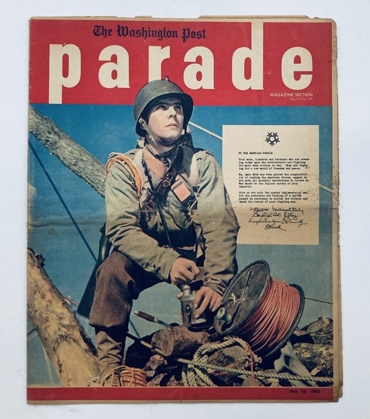 Cover of the Parade Newspaper Magazine WA Post from May 13, 1945, featuring a soldier gazing into the distance, capturing the essence of World War II and historical journalism.