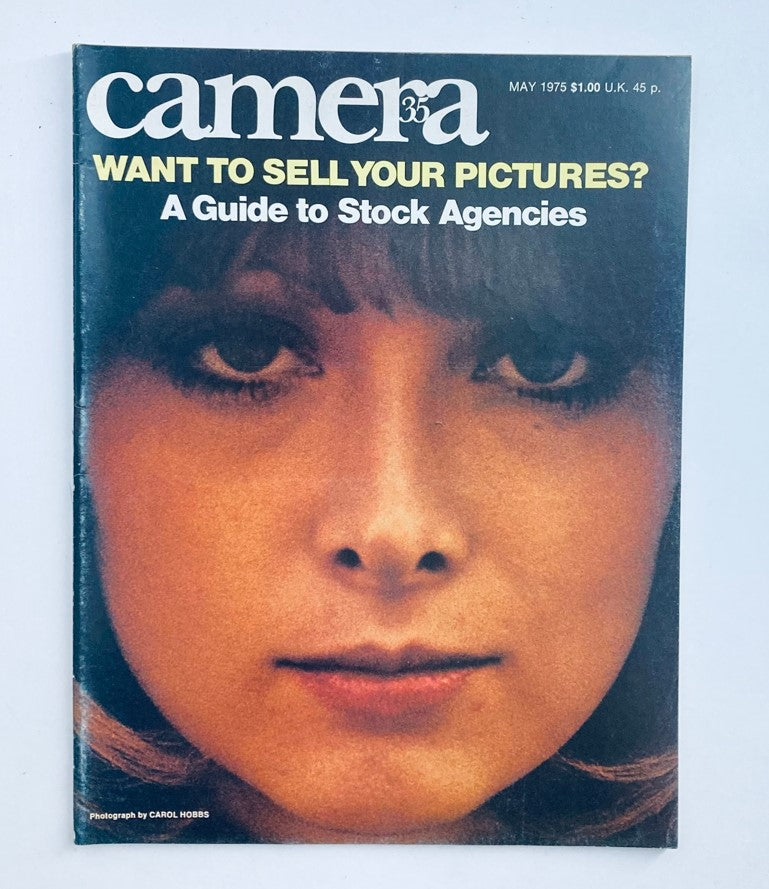 Vintage Camera 35 Magazine May 1975 cover featuring a striking portrait of a woman with the headline 'WANT TO SELL YOUR PICTURES? A Guide to Stock Agencies'.