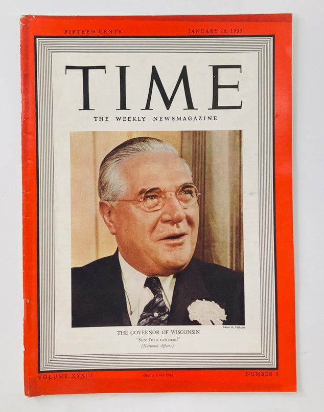 VTG Time Magazine January 16 1939 Vol 33 No. 3 Gov. Julius P. Heil of Wisconsin