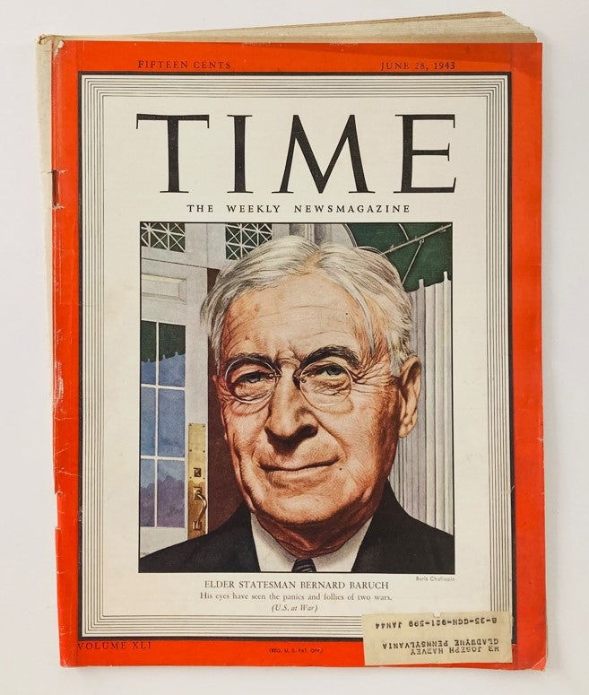 VTG Time Magazine June 28 1943 Vol 41 No. 26 Elder Statesman Bernard Baruch WWII