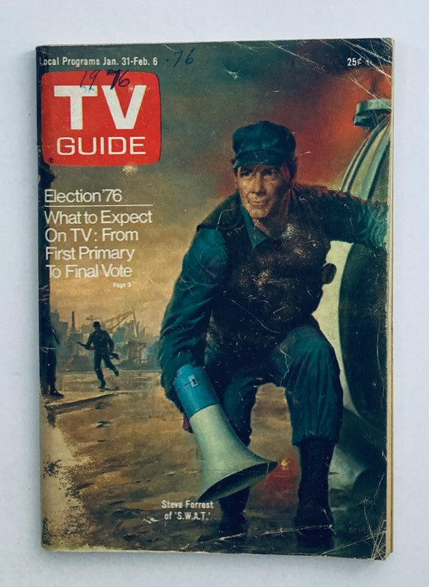 Cover of TV Guide Magazine January 31 1976 featuring Steve Forrest of S.W.A.T., showing a depiction related to Election 76 and local TV programs.