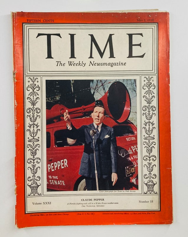 VTG Time Magazine May 2 1938 Vol 31 No. 18 American Politician Claude Pepper