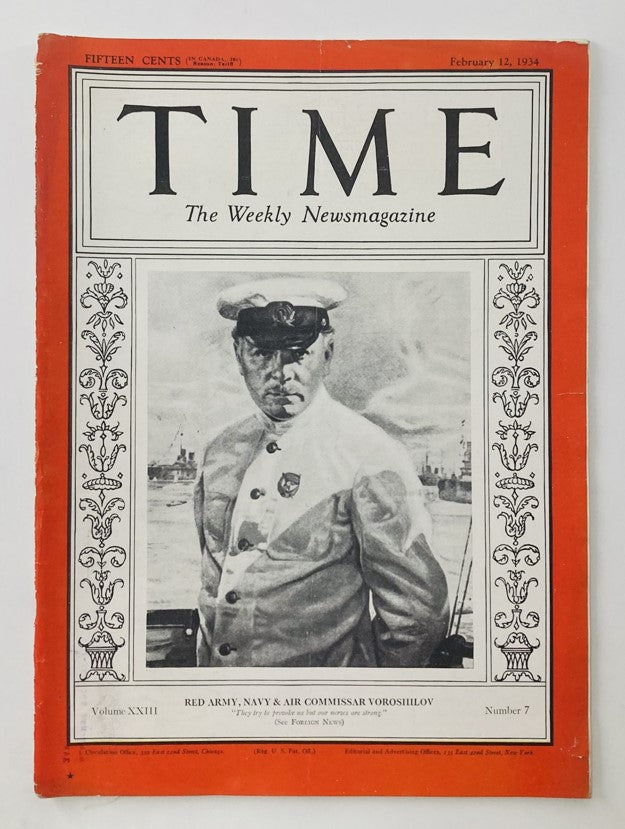 VTG Time Magazine February 12 1934 Vol 23 No. 7 Air Commissar Kliment Voroshilov