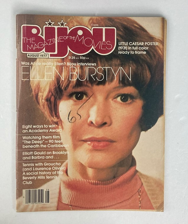 Cover of VTG Bijou Movie Magazine August 1977 featuring Ellen Burstyn with a headline about her interview, highlighting her role in cinema during the 1970s, with details about Elliott Gould and film insights.