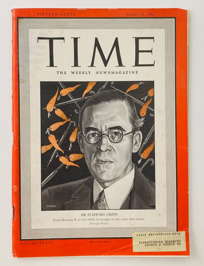 VTG Time Magazine April 13 1942 Vol 39 No. 15 Diplomat Sir Stafford Cripps