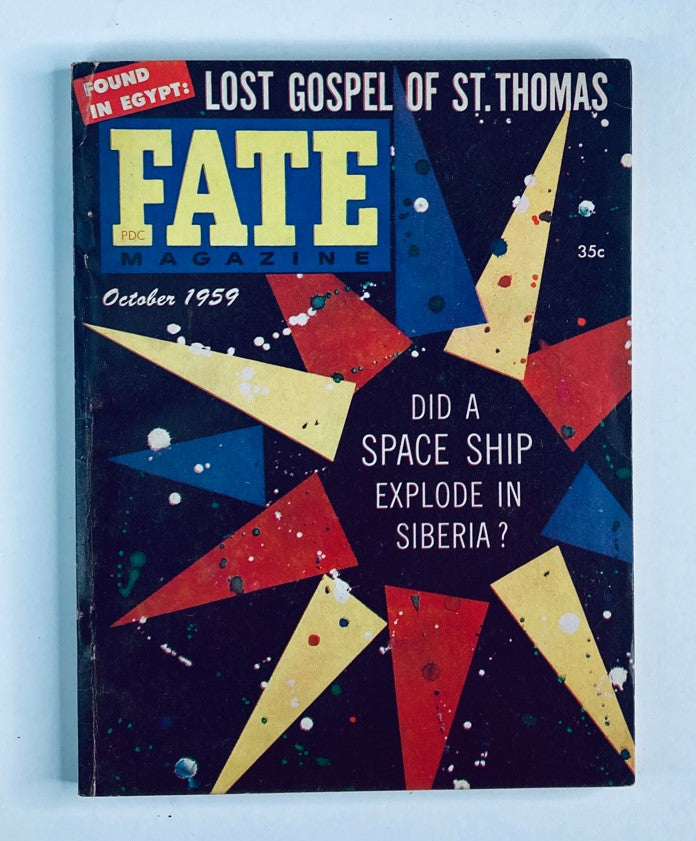 VTG Fate Magazine October 1959, Volume 12, Number 10 cover featuring the Lost Gospel of St. Thomas with colorful geometric shapes and the question Did a Space Ship Explode in Siberia?