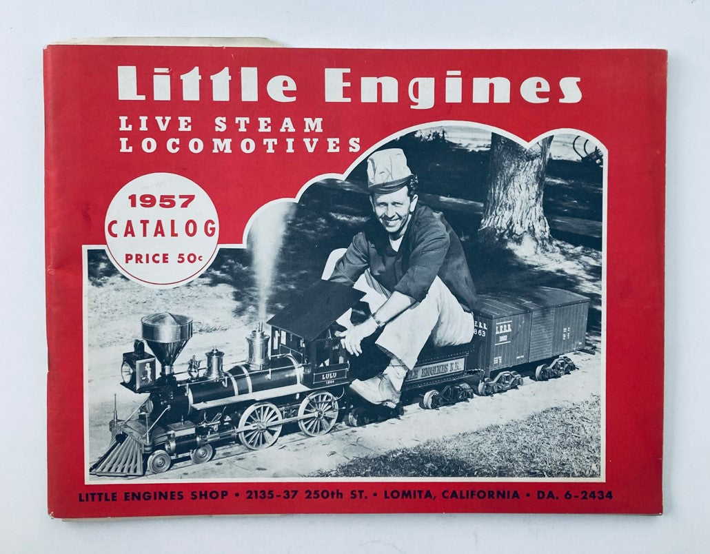 VTG 1957 Little Engines Live Steam Locomotives Catalog cover featuring a vintage engraving, showcasing a smiling man sitting on a model train in a park setting. The cover is designed with bold red and white typography and includes the year 1957 and the word 'Catalog' prominently.