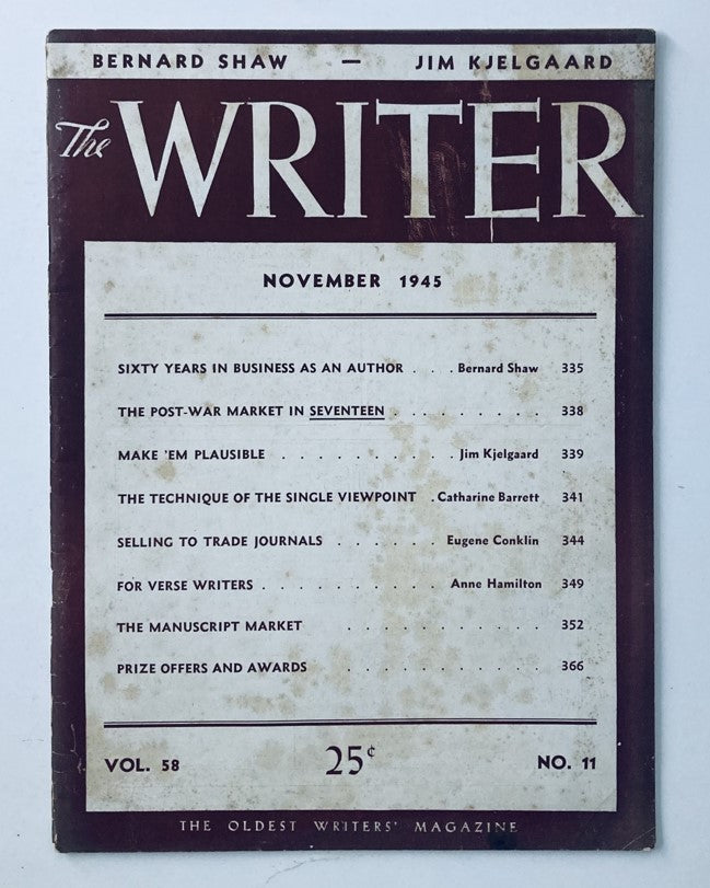 VTG The Writer Magazine November 1945 Vol 58 No. 11 For Verse Writers No Label