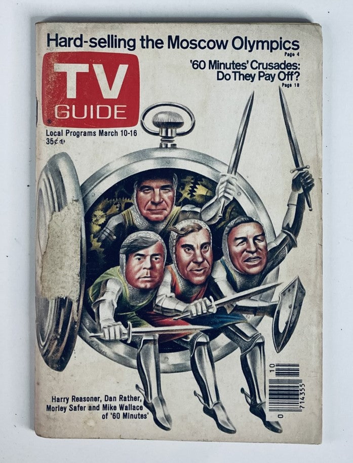TV Guide Magazine March 10 1979, Issue #1354 featuring a cover illustration with notable cast members from 60 Minutes, including Dan Rather, Morley Safer, and Harry Reasoner, promoting articles about the Moscow Olympics and news programming.