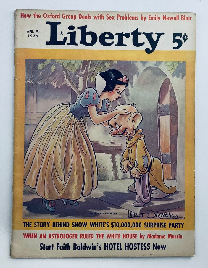Cover of VTG Liberty Magazine, April 9, 1938, featuring a colorful illustration of Snow White and Dopey, highlighting the story behind Disney's Snow White.