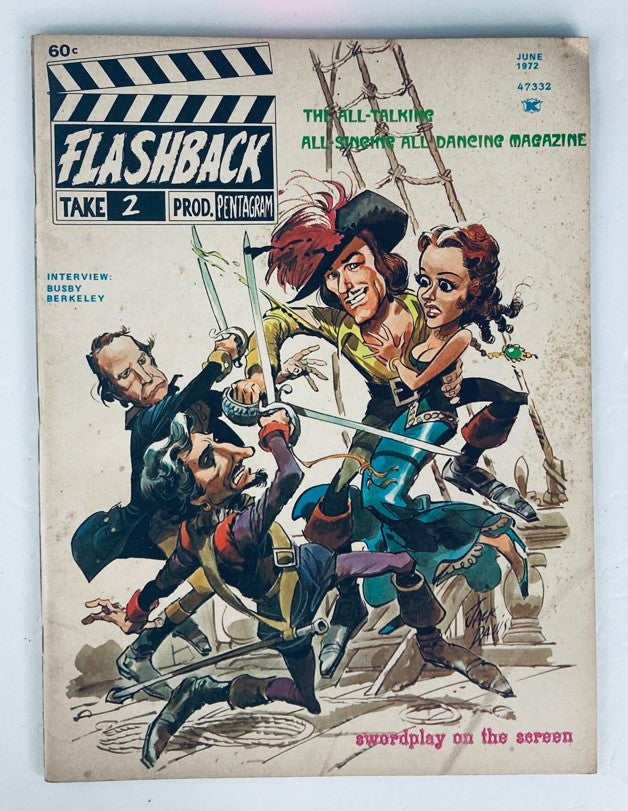 Vintage Flashback Magazine cover from June 1972, Vol 1 No. 2, featuring 'Swordplay On The Screen' theme, with illustrated characters in a swordfight scene. Ideal for classic cinema enthusiasts.