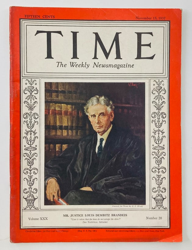 VTG Time Magazine November 15 1937 Vol 30 No. 20 Mr. Justice Louis D. Brandeis