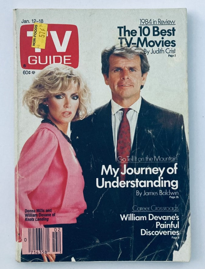 TV Guide Magazine January 12 1985 featuring William Devane and Donna Mills, with a focus on 1984 in review and notable TV movies, showcasing a vintage style cover with some wear and tear.