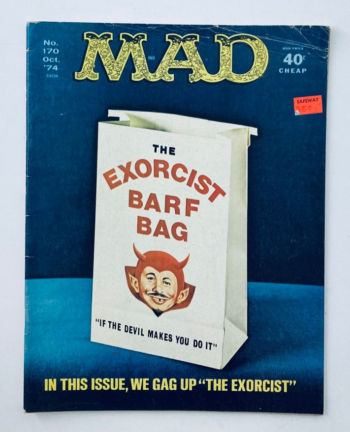 VTG Mad Magazine October 1974 No. 170 Exorcist Barf Bag 2.0 GD Good No Label