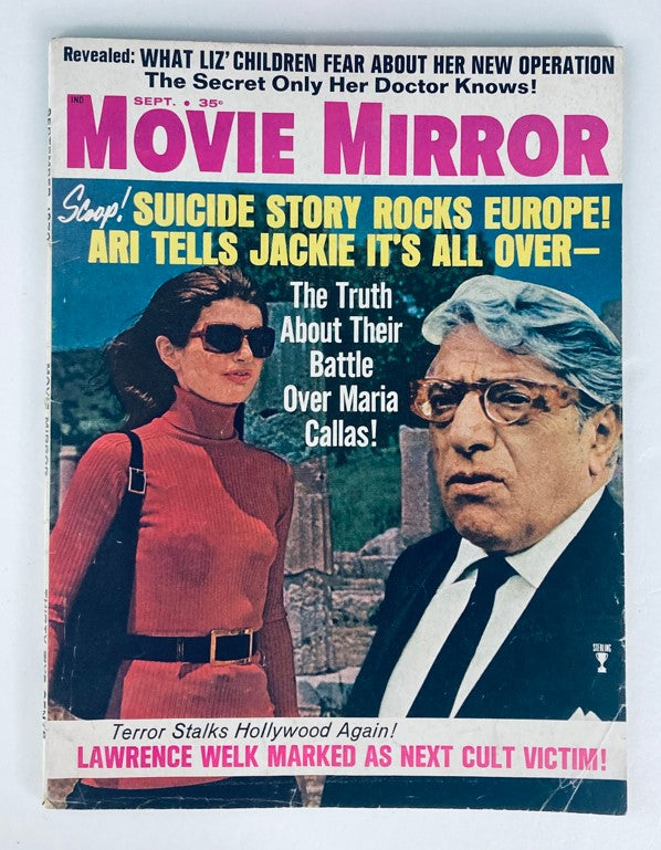 Cover of VTG Movie Mirror Magazine September 1970 featuring Jackie and Aristotle Onassis, with headlines about their relationship and Hollywood news.