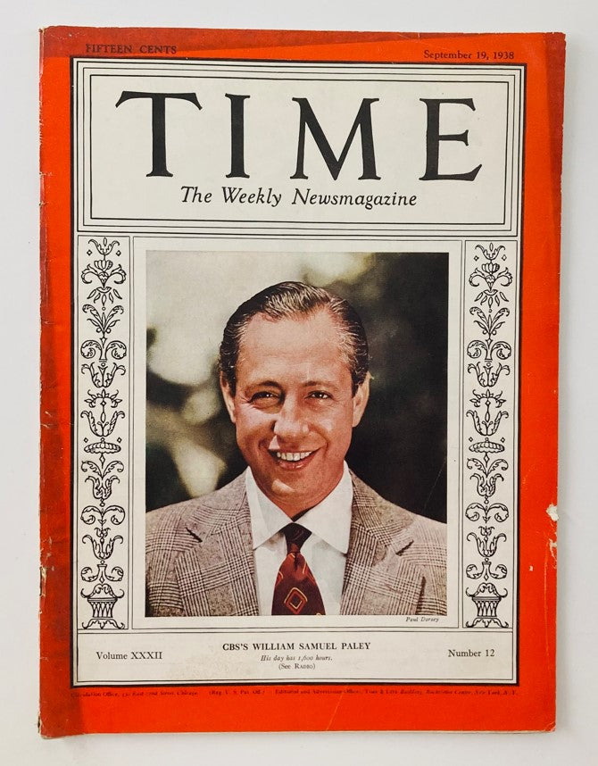 VTG Time Magazine September 19 1938 Vol 32 No. 12 CBS's William Samuel Paley