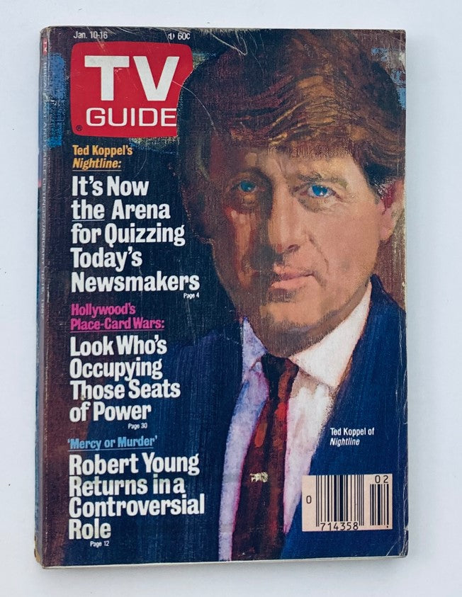 Cover of TV Guide Magazine January 10, 1987 featuring Ted Koppel, highlighting the theme of quizzing newsmakers and pop culture insights. A collectible issue for vintage magazine enthusiasts.