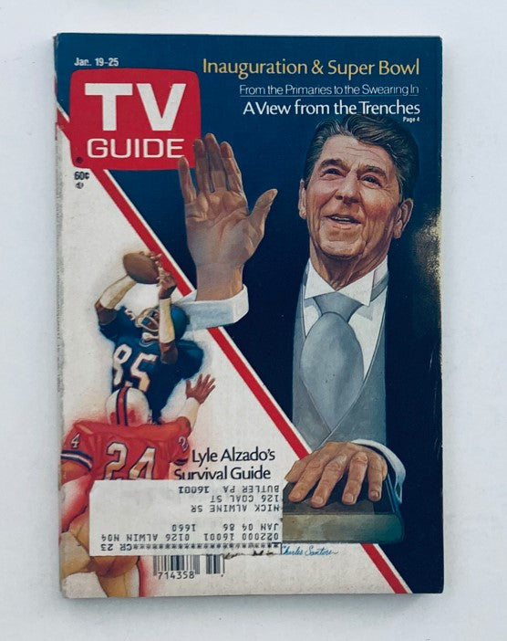 TV Guide magazine cover from January 19, 1985 featuring Ronald Reagan, highlighting the inauguration and Super Bowl events.