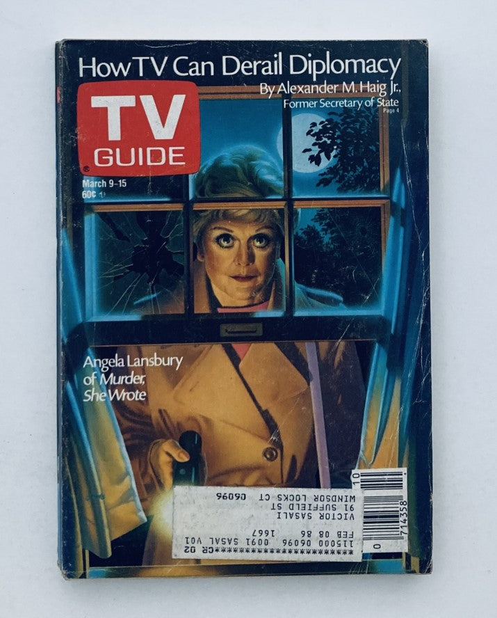 Cover of TV Guide Magazine from March 9, 1985 featuring Angela Lansbury of 'Murder, She Wrote'. The cover highlights an article titled 'How TV Can Derail Diplomacy' by Alexander M. Haig Jr. with visuals of a suspenseful scene.