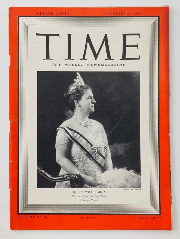 VTG Time Magazine November 27 1939 Vol 34 No. 22 Queen Wilhelmina