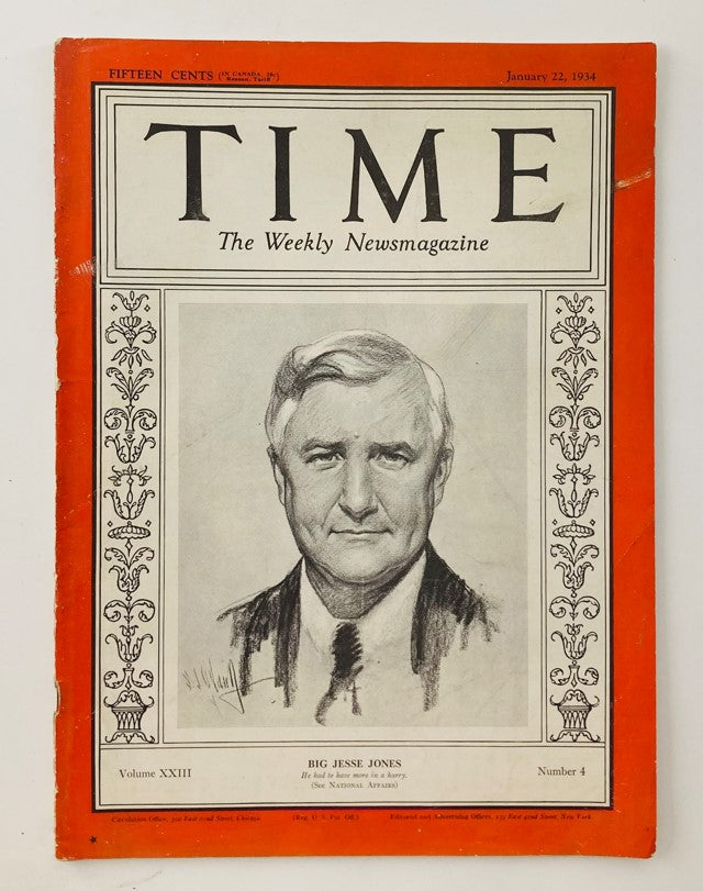 VTG Time Magazine January 22 1934 Vol 23 No. 4 Big Jesse Holman Jones