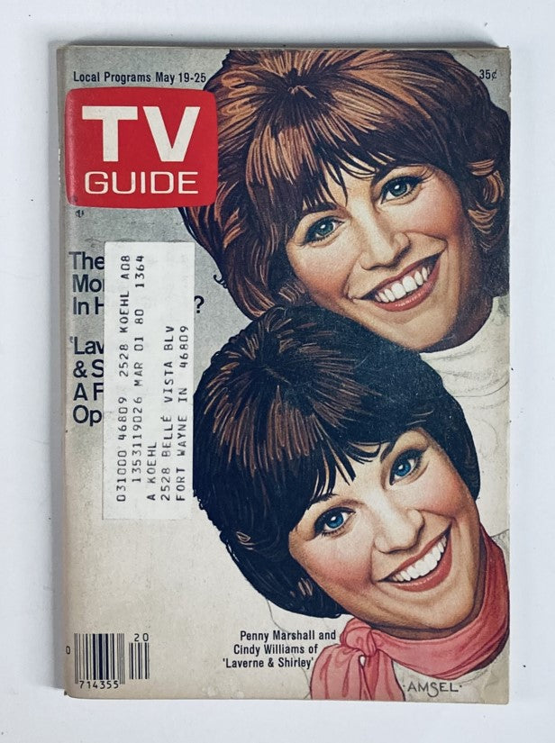 Cover image of TV Guide Magazine May 19, 1979, Issue #1364 featuring Penny Marshall and Cindy Williams from 'Laverne & Shirley'. The magazine showcases vintage television culture of the late 1970s.