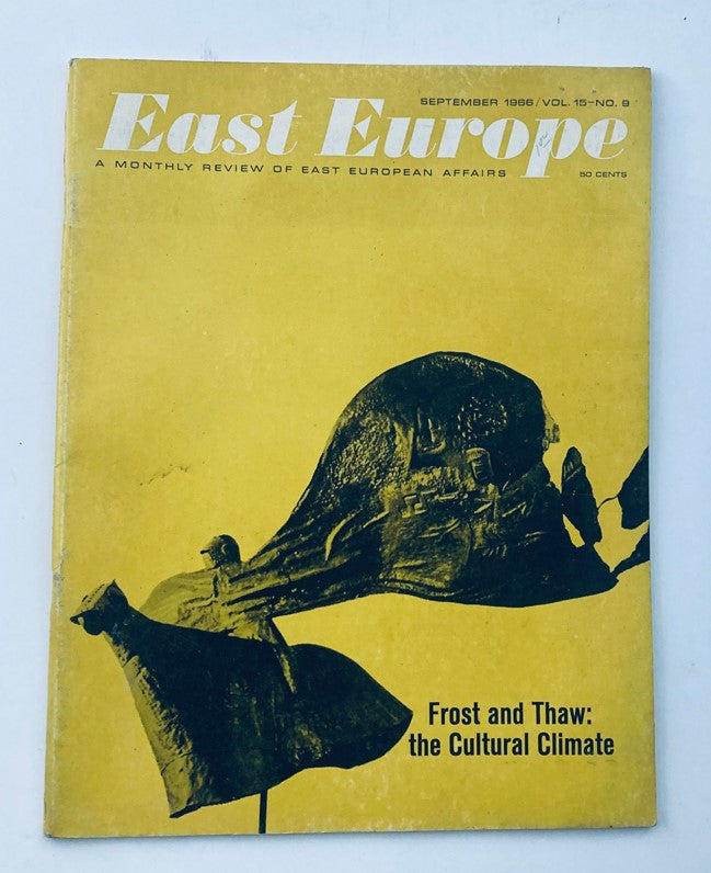 Cover of VTG East Europe Magazine September 1966 Vol 15 #9 showcasing a bold design with a yellow background and title 'Frost and Thaw: the Cultural Climate'. It features artistic elements reflecting the cultural themes of Eastern Europe.
