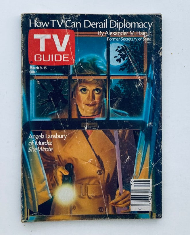 TV Guide Magazine from March 9, 1985 featuring Angela Lansbury on the cover, illustrating an article titled 'How TV Can Derail Diplomacy.' The magazine showcases Lansbury, known for her role in 'Murder, She Wrote,' holding a flashlight in a dimly lit scene.