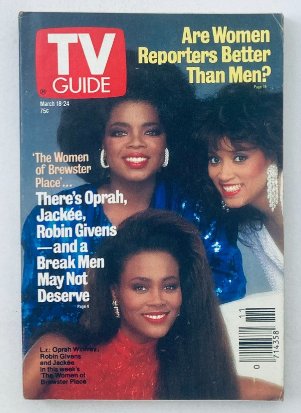 TV Guide Magazine cover from March 18, 1989 featuring Robin Givens and Oprah Winfrey, exploring the theme 'Are Women Reporters Better Than Men?' with images of the three women in colorful outfits.
