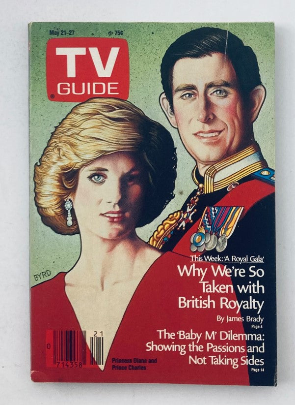 TV Guide Magazine cover from May 21 1988 featuring Diana and Charles, showcasing a royal theme. The magazine highlights a feature titled 'Why We're So Taken with British Royalty' by James Brady, and includes 'The Baby M Dilemma' article. In pristine condition, this vintage magazine is a collector's item for those interested in television history.