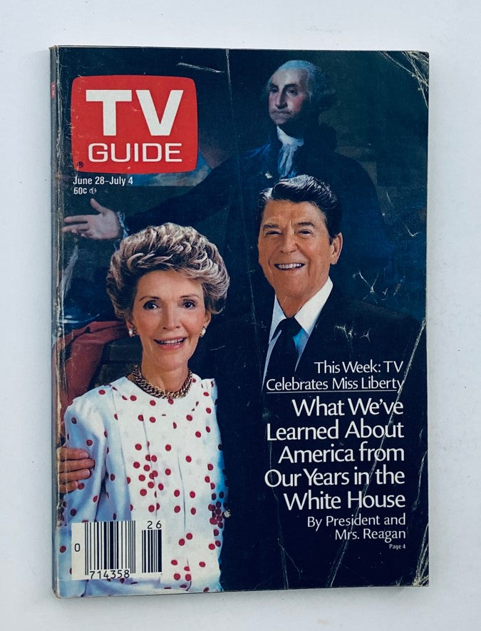 TV Guide Magazine June 28 1986 featuring Nancy and Ronald Reagan on the cover, with a background image of George Washington. This vintage magazine showcases television history and is in pristine condition.