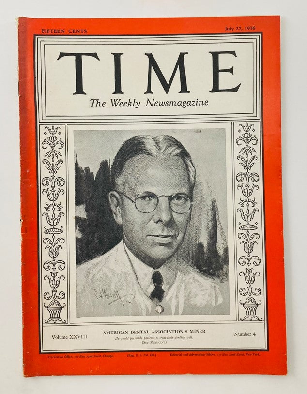 VTG Time Magazine July 27 1936 Vol 28 No. 4 American Dental Assoc.'s Leroy Miner