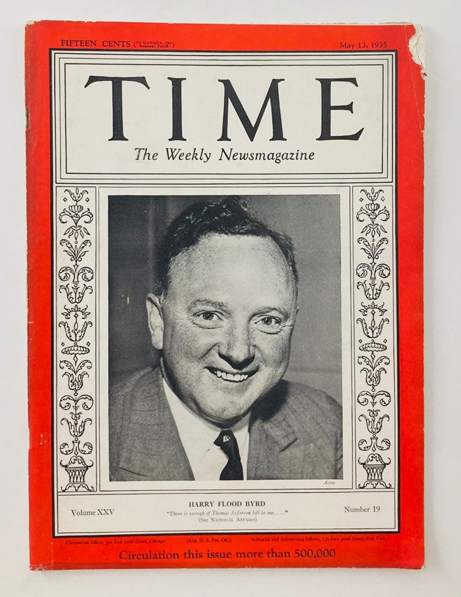 VTG Time Magazine May 13 1935 Vol 25 No. 19 Politician Harry Flood Byrd