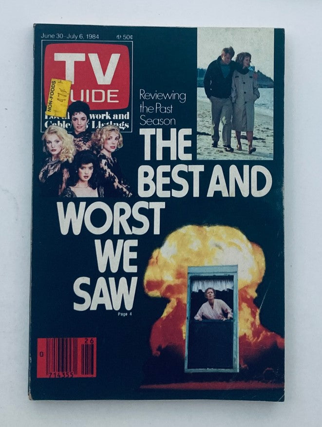 Cover of TV Guide Magazine from June 30 to July 6, 1984, titled 'The Best and Worst We Saw,' featuring a collage of actors, a scenic beach backdrop, and an explosion graphic, highlighting a review of the past television season.