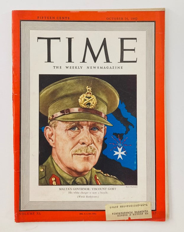 VTG Time Magazine October 26 1942 Vol 40 No. 17 Malta's Gov. Viscount Gort WWII