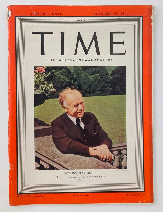 VTG Time Magazine November 28 1938 Vol 32 No. 22 Britain's Lord Beaverbrook