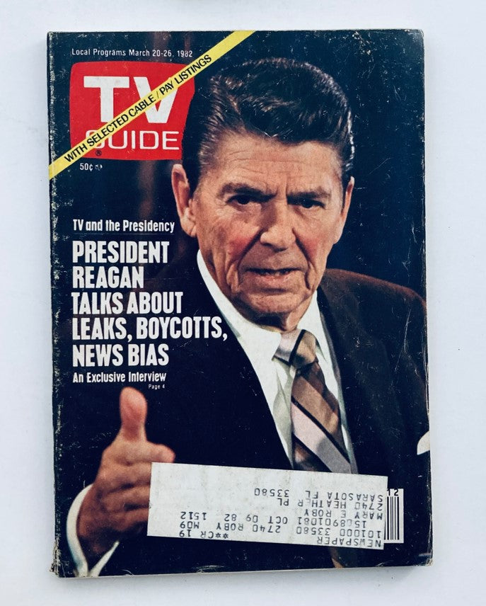 TV Guide Magazine from March 20, 1982 featuring an exclusive interview with President Ronald Reagan discussing television and media bias, displaying the magazine cover with Reagan's portrait and bold headlines.